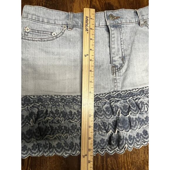 London Jean Mini Skirt Womens 12 Denim Ruffle Lace Boho Festival Embroidered - Picture 10 of 10